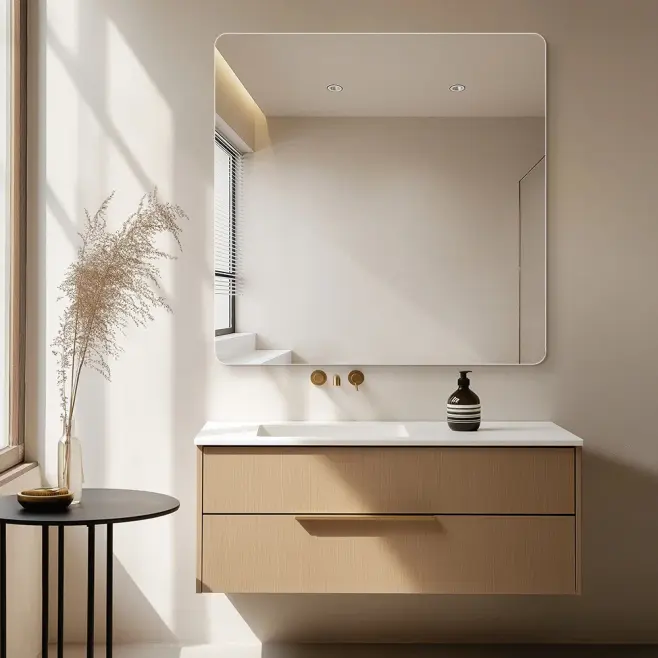 Fyrkantig vägghängd badrumsspegel i 5 mm tjocklek.