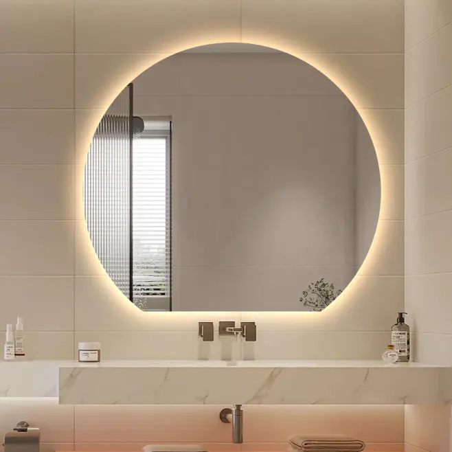 Halvrund vägghängd badrumsspegel med belysning