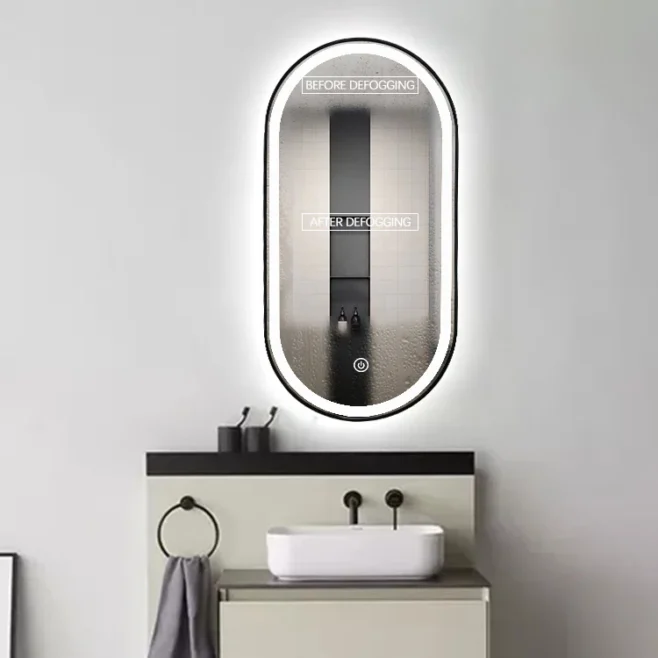 Koniseur spegel med LED ljus och svart aluminum ram
